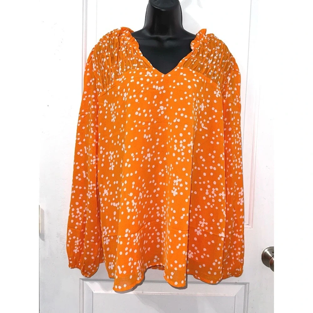 Dokotoo Orange Pleated Long Sleeve V Neck Smocked Printed Chiffon Blouse - Picture 3 of 8